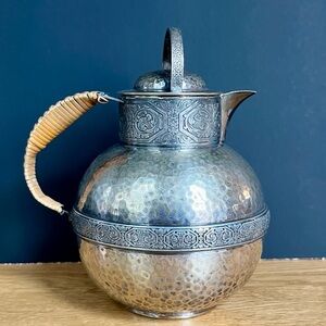 Bernard Rice's Sons Silverplate Etched Hammered Pitcher Rattan Art Deco Vintage